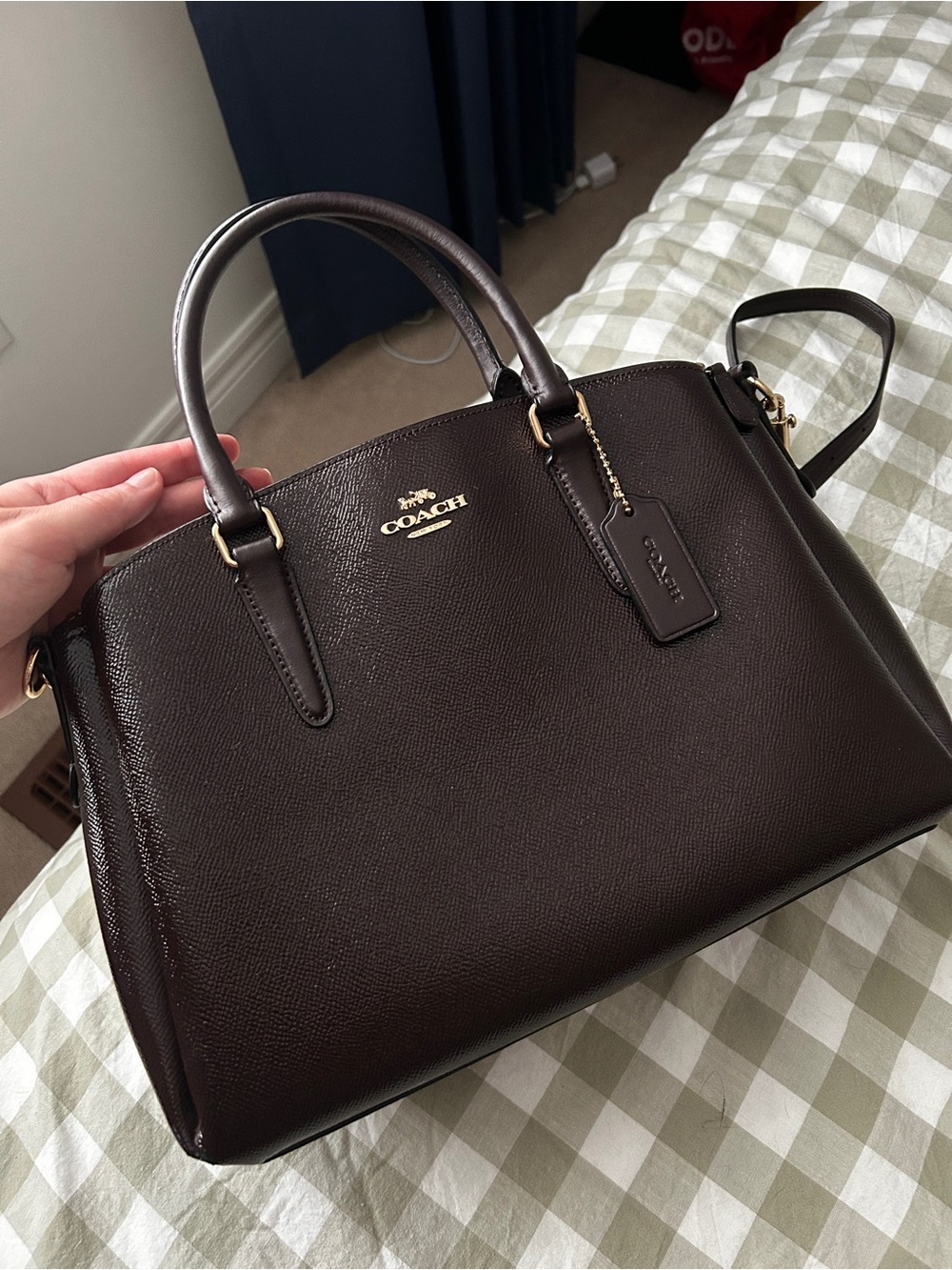 Coach Plum/Brown Leather Dome Satchel with Gold Chain Strap